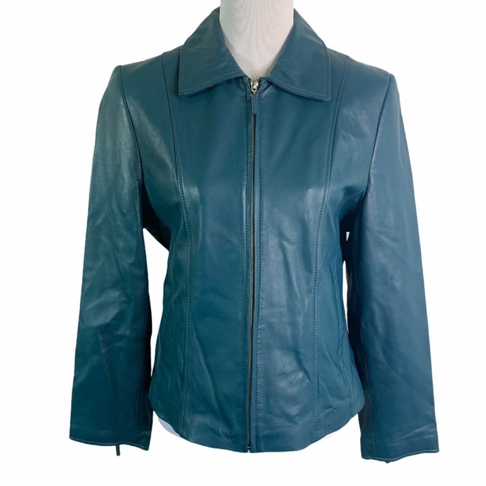 Pamela McCoy Teal Leather Zip-Front Jacket